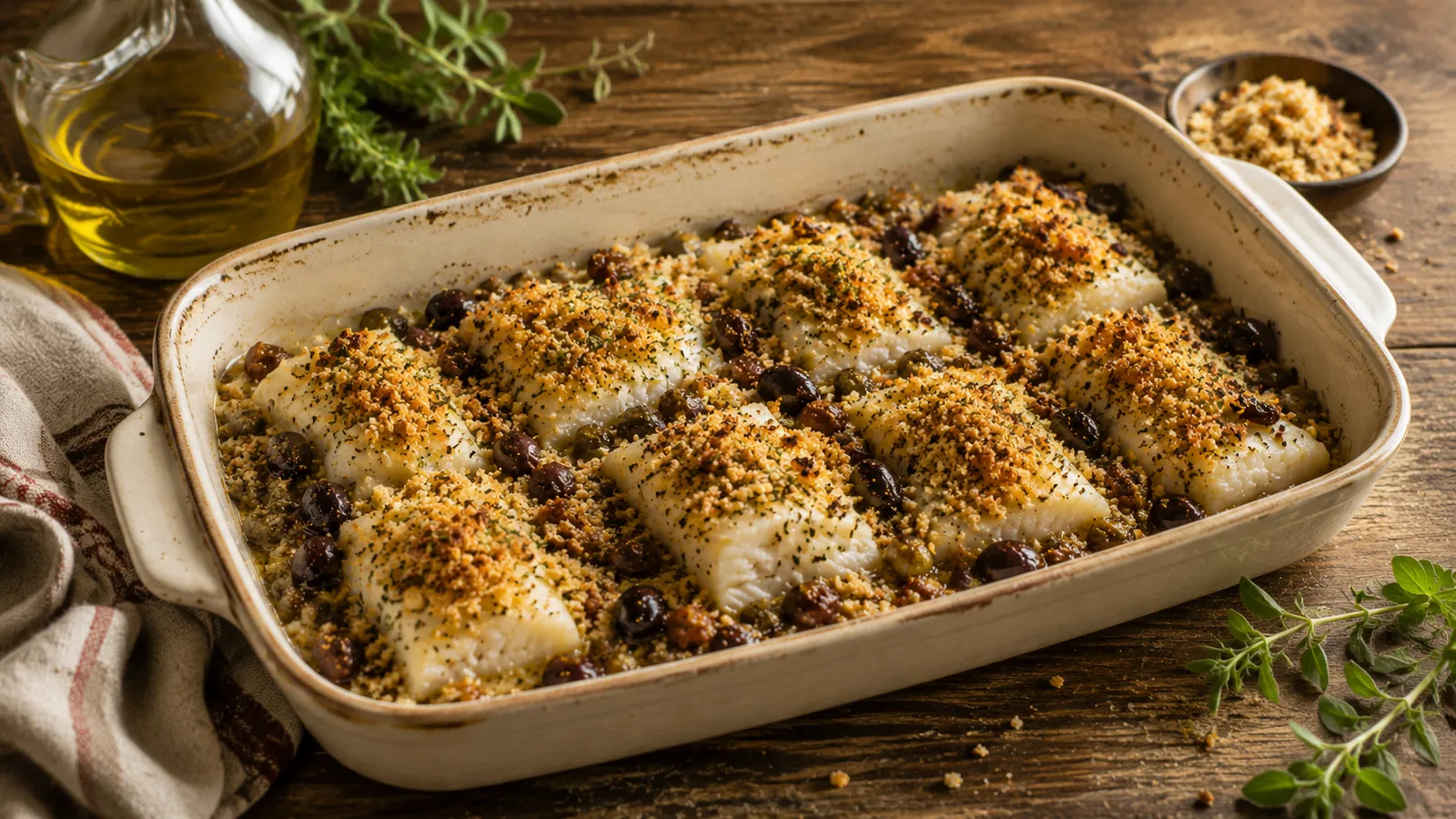 Molise-style baccalà arracanato baked with bread, raisins and pine nuts