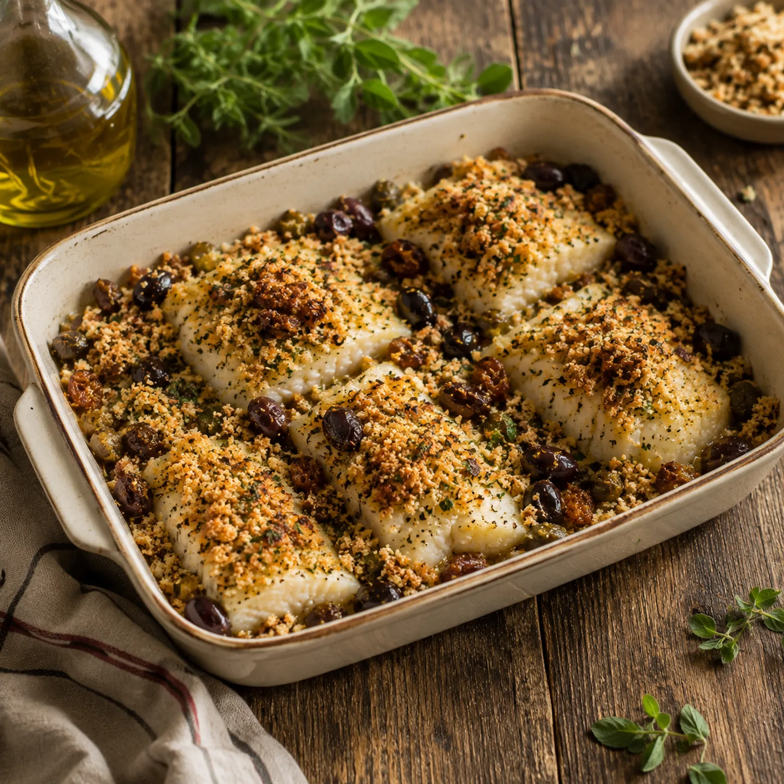 Baccalà arracanato, baked salt cod with a seasoned breadcrumb topping
