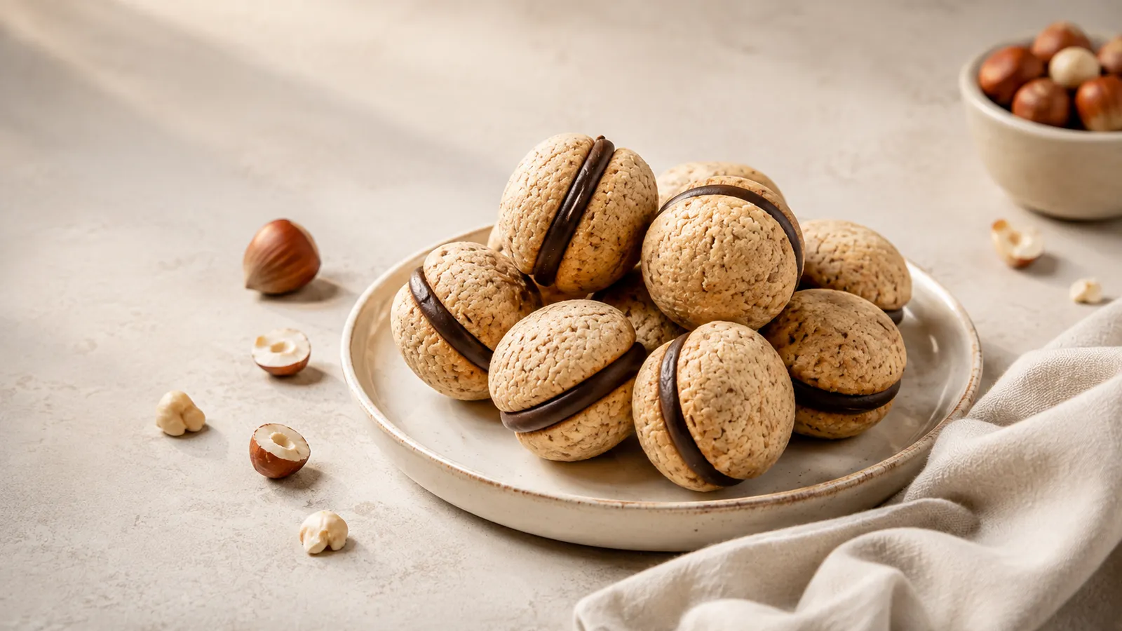 Piedmontese baci di dama made with hazelnut dough and dark chocolate