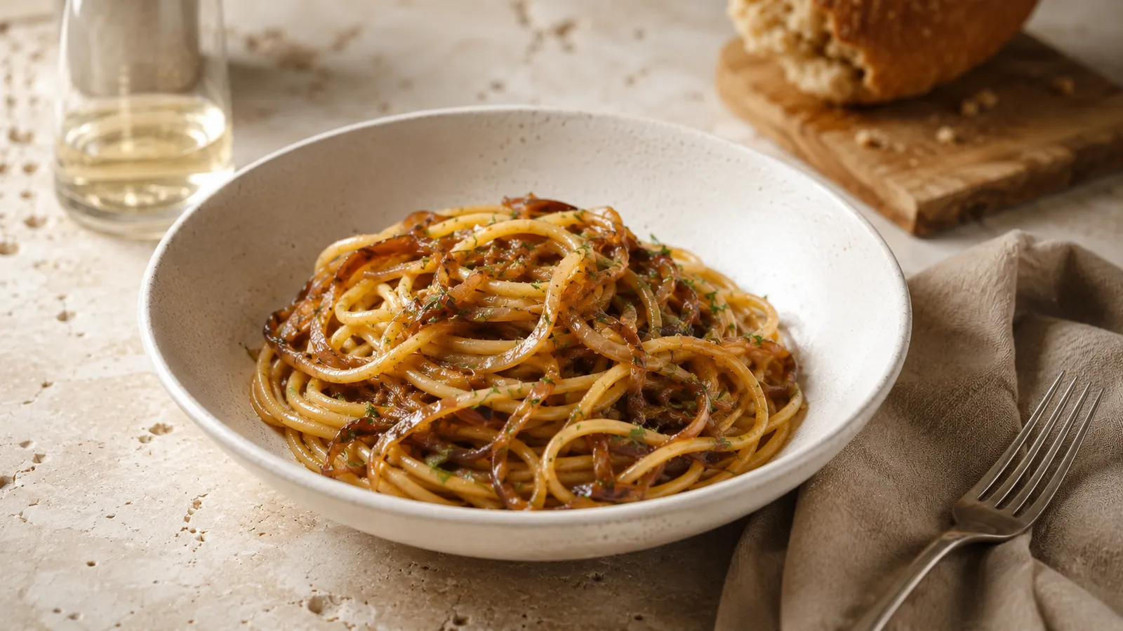 Venetian bigoli in salsa with long-cooked onion and anchovy