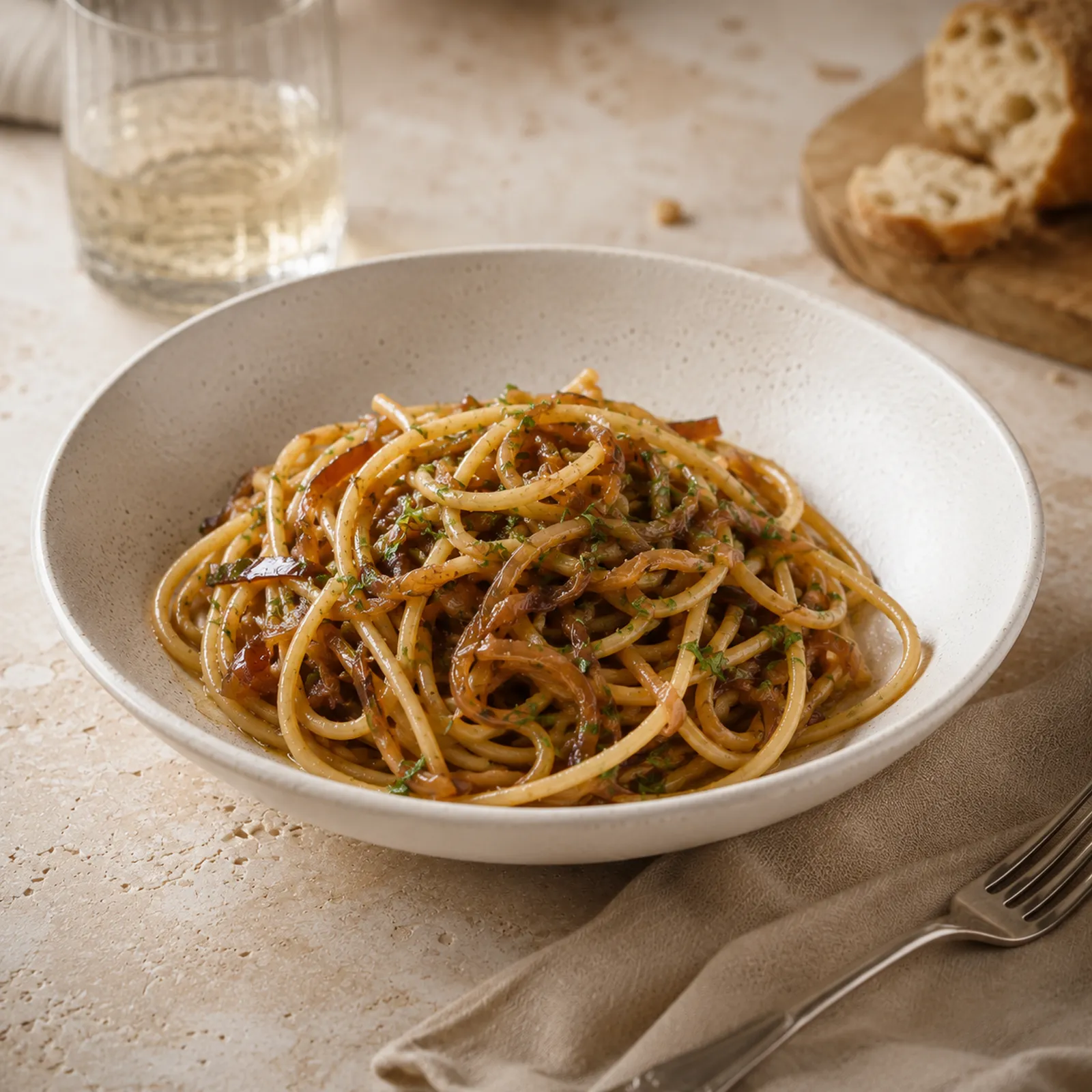 Bigoli in salsa, Venetian thick pasta with onion and anchovy sauce