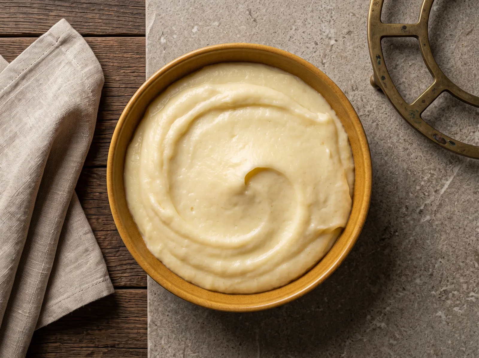 Aligot de l’Aubrac:深色碗上方的木勺拉起绵长的融化奶酪