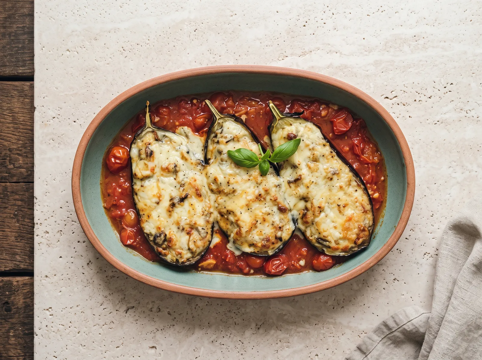 Aubergines à la bonifacienne — goldbraun überbackene Auberginen in einer schmalen dunklen Auflaufform