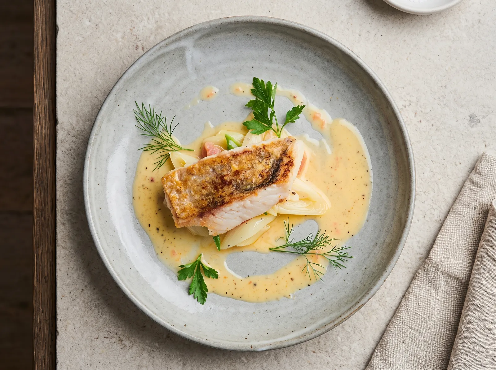 Brochet au beurre blanc — auf einem Teller angerichtet