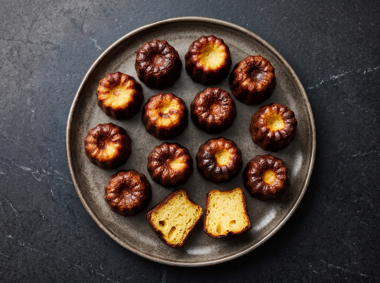Canelé de Bordeaux — mit sichtbarem Anschnitt gezeigt