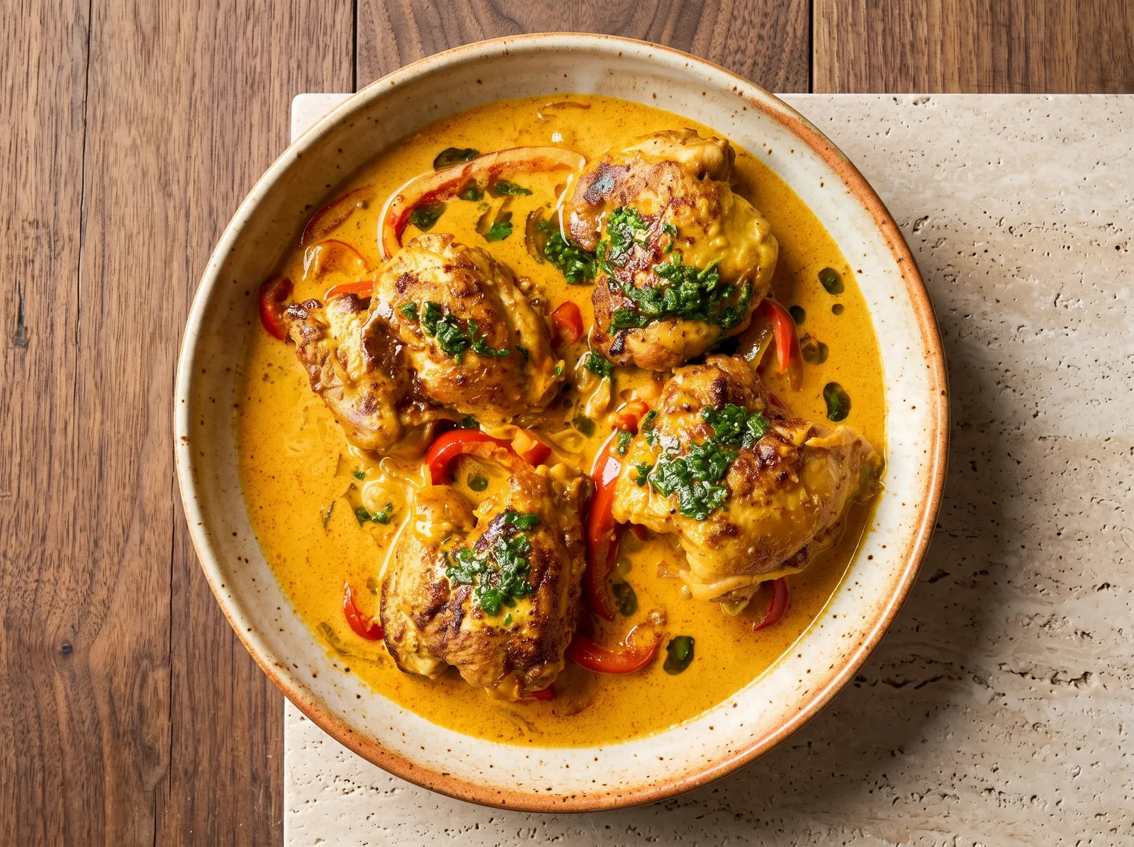 Cari poulet — in einer Pfanne gezeigt