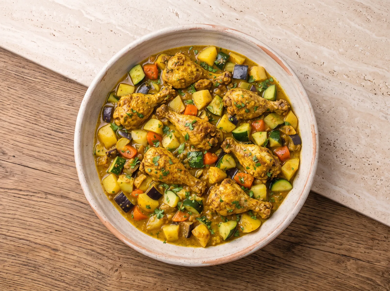 Colombo de poulet — in einer Servierschale angerichtet
