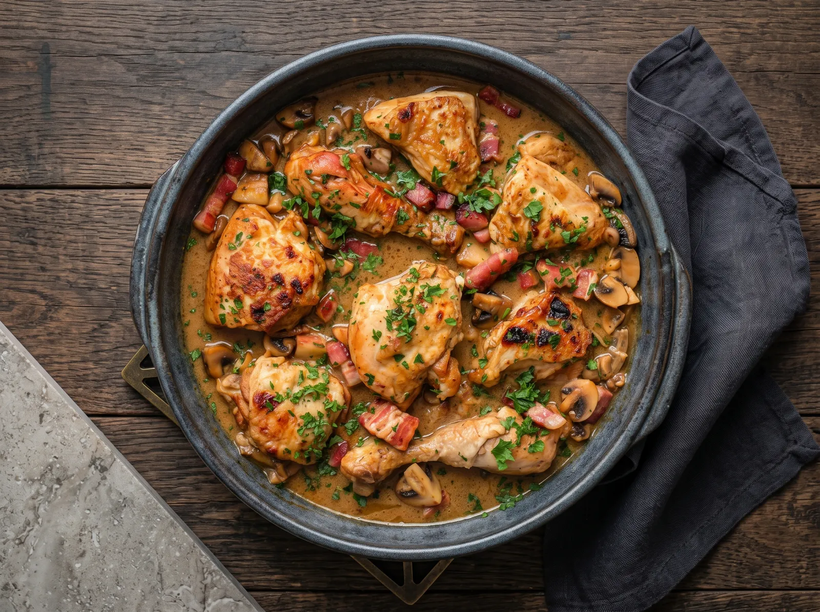 Coq à la bière — in einer Pfanne gezeigt