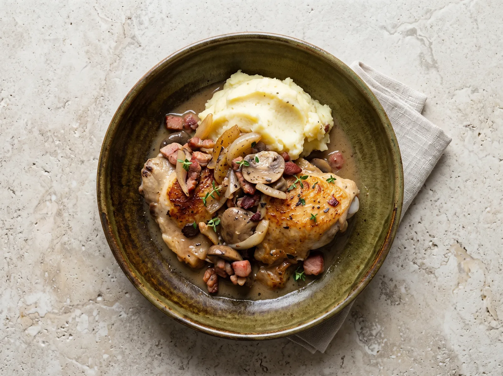 Coq au Riesling — auf einem Teller angerichtet