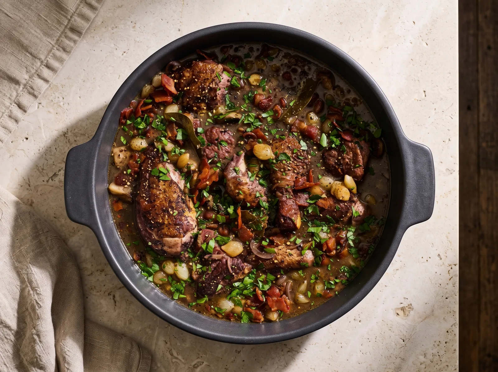 Coq au vin — in einem Kochtopf gezeigt