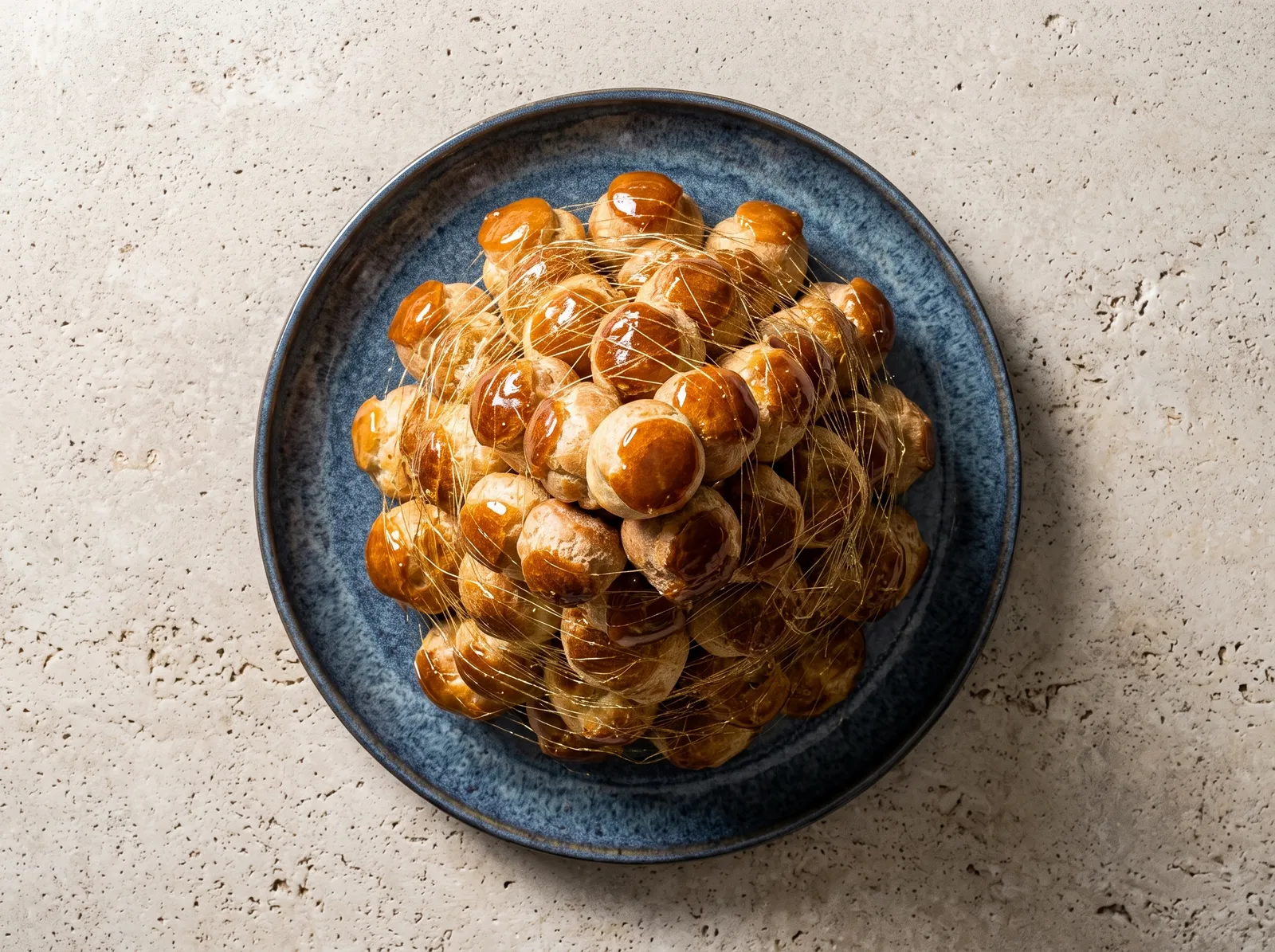 Croquembouche — auf einer Kuchenplatte mit Fuß präsentiert