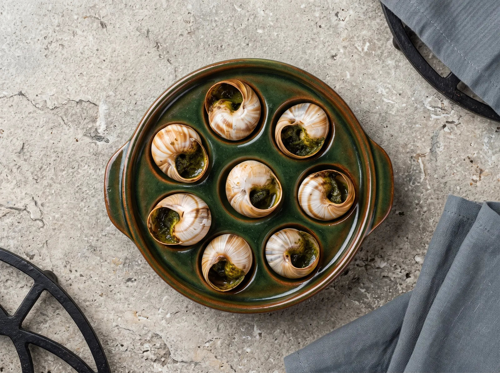 Escargots de Bourgogne — in einer Servierschale angerichtet