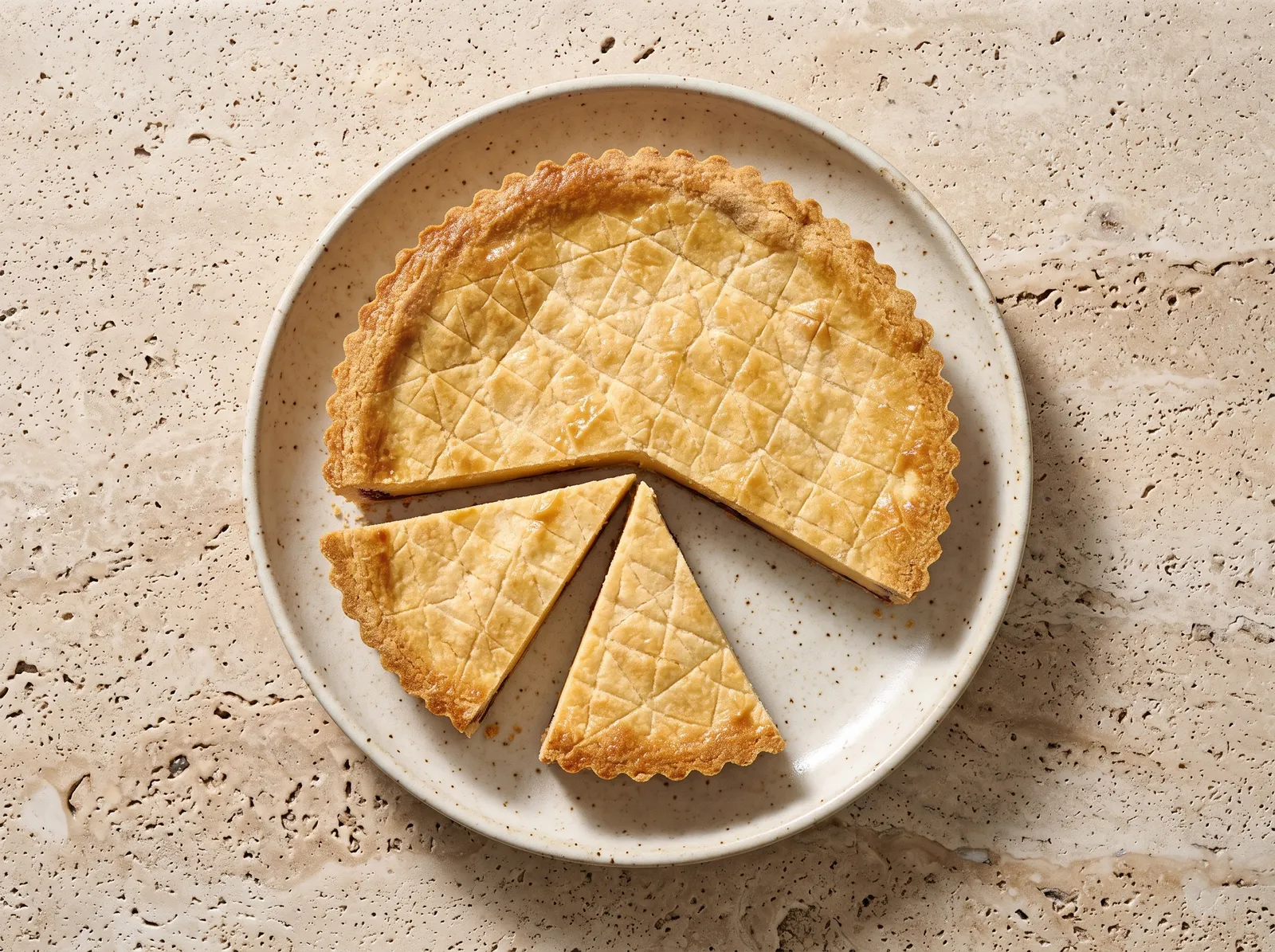 Gâteau basque — mit sichtbarem Anschnitt gezeigt