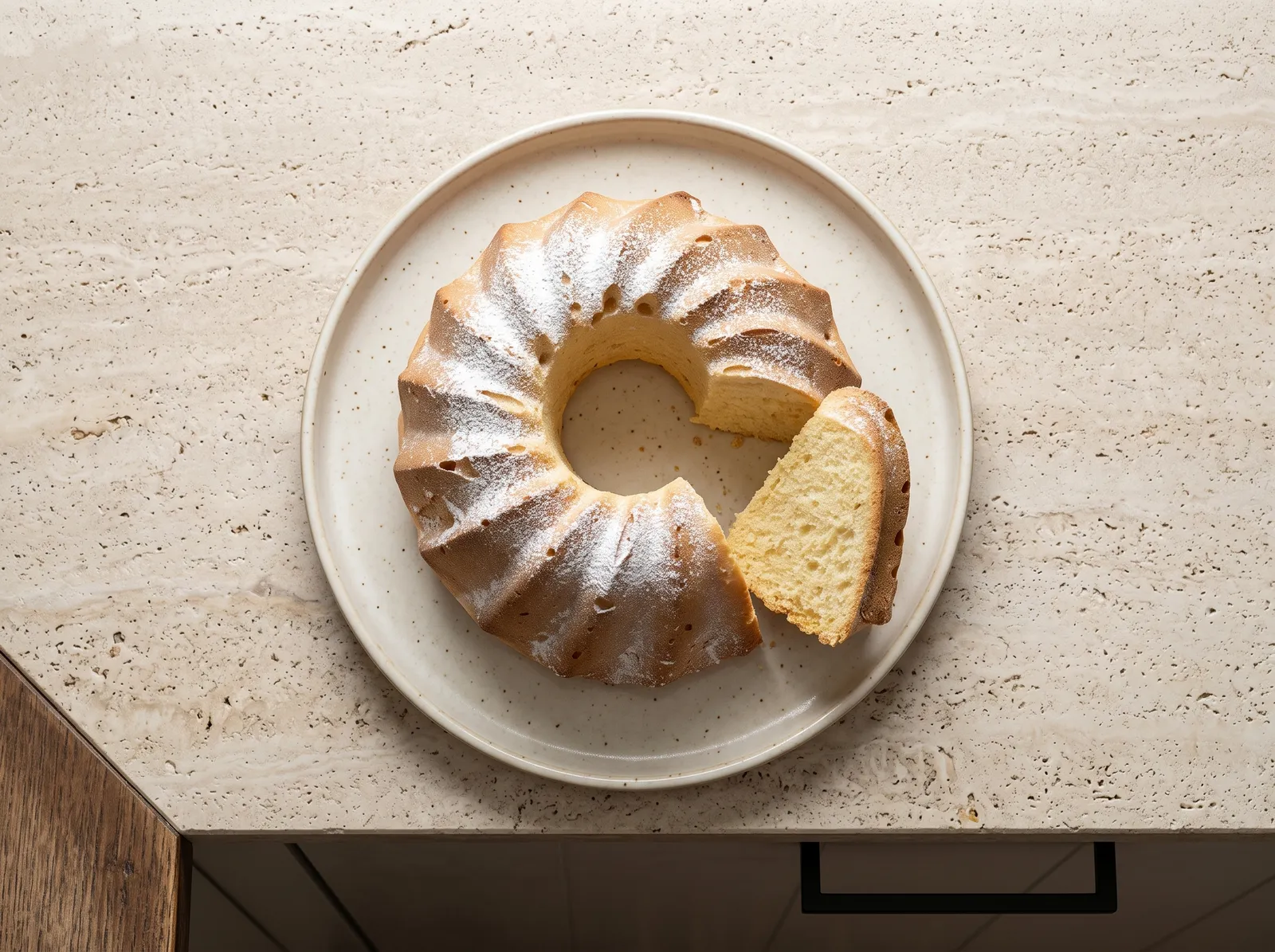 Gâteau de Savoie — mit sichtbarem Anschnitt gezeigt