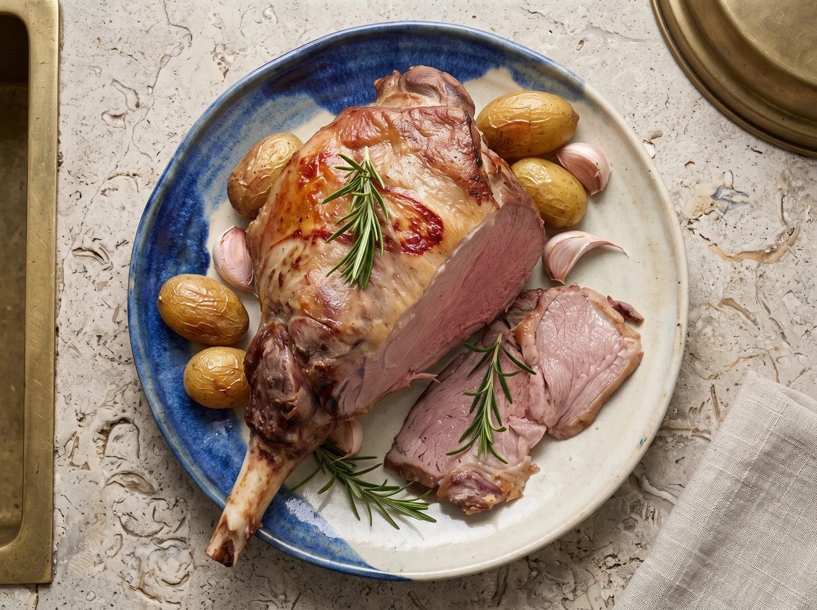 Gigot d’agneau à l’ail — auf einer Servierplatte angerichtet