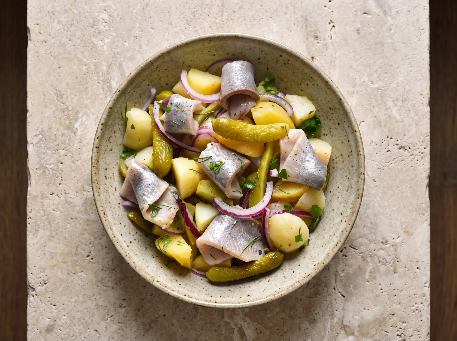 Hareng pommes à l’huile — in einer Schüssel angerichtet
