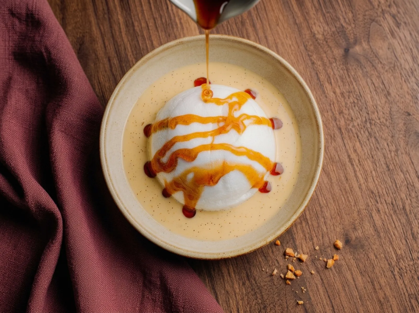 Île flottante — in einem durchsichtigen Glasgefäß serviert