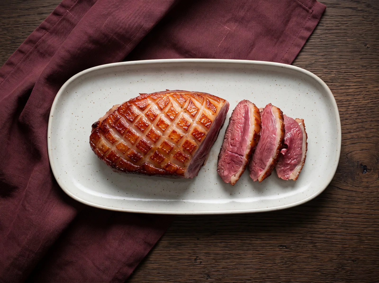Magret de canard na pánvi — uspořádané na prkénku