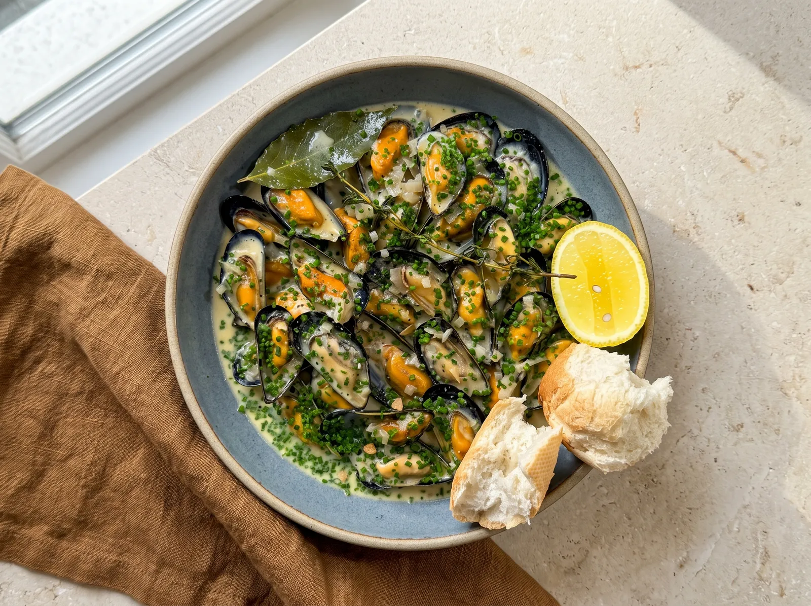 Moules à la normande:그릇에 담아 낸 모습