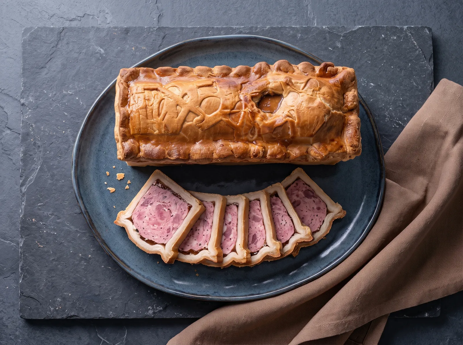 Pâté en croûte — mit sichtbarem Anschnitt gezeigt