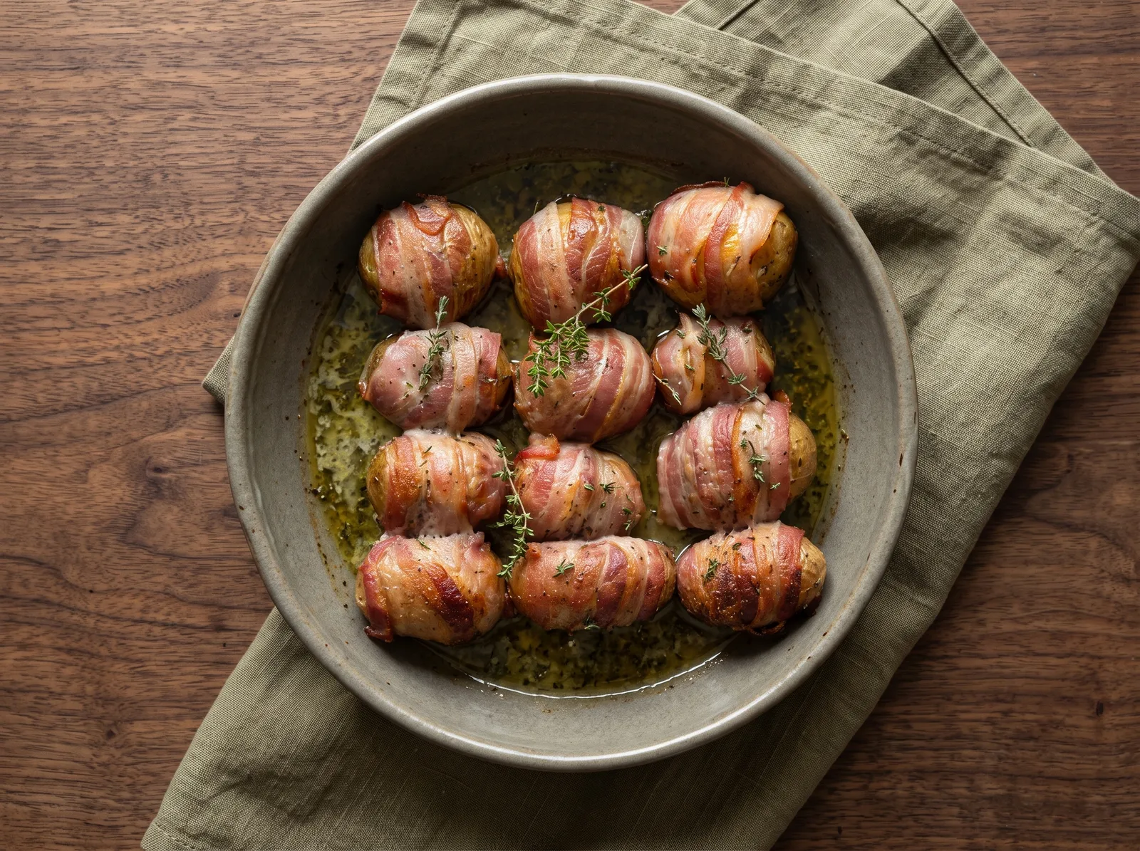 Pommes de terre au lard — in einer Servierschale angerichtet