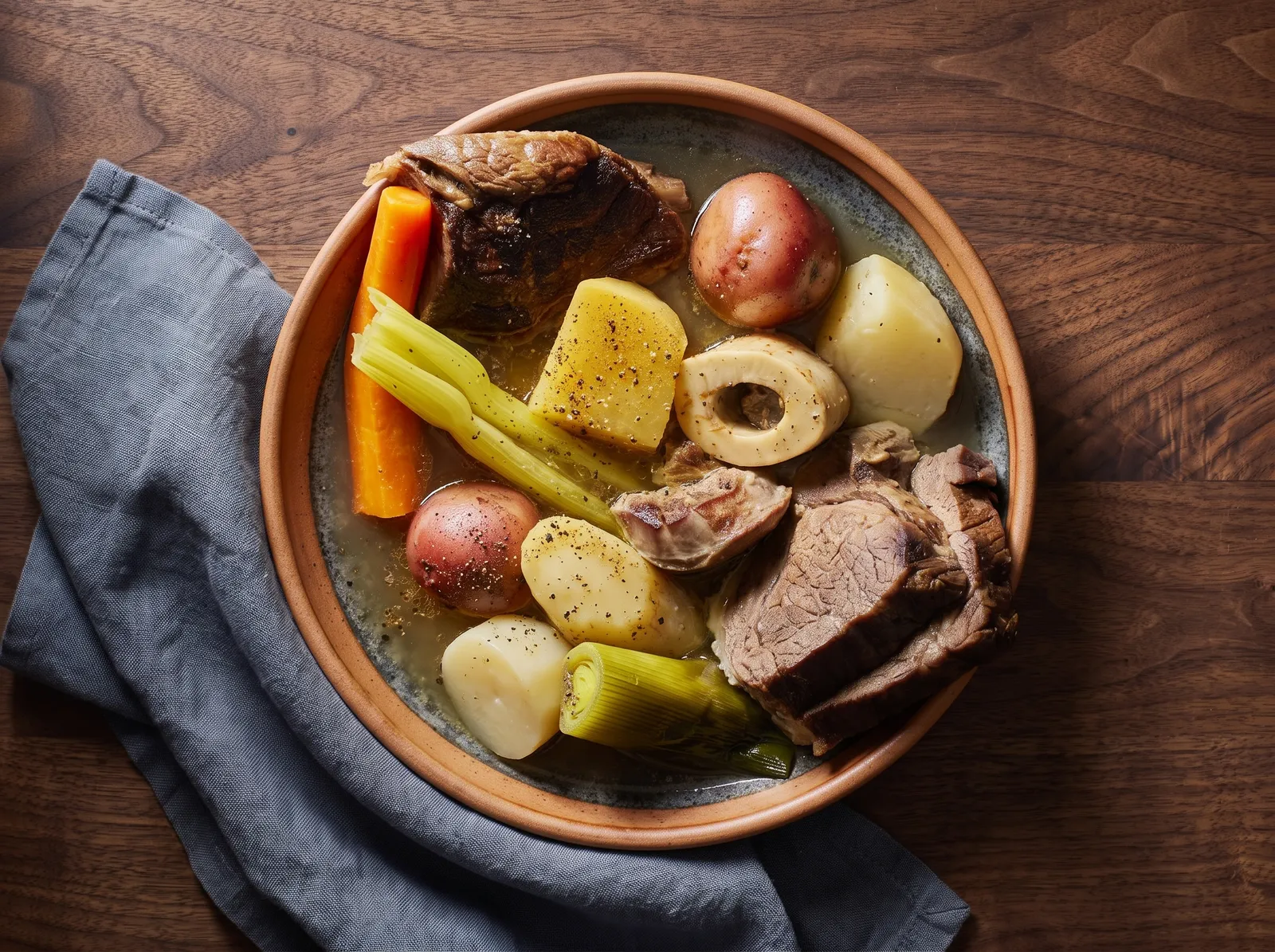 Pot-au-feu — in einer Schüssel angerichtet