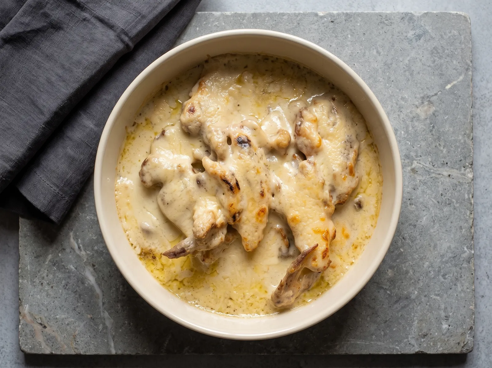 Poulet à la comtoise — in einer Servierschale angerichtet