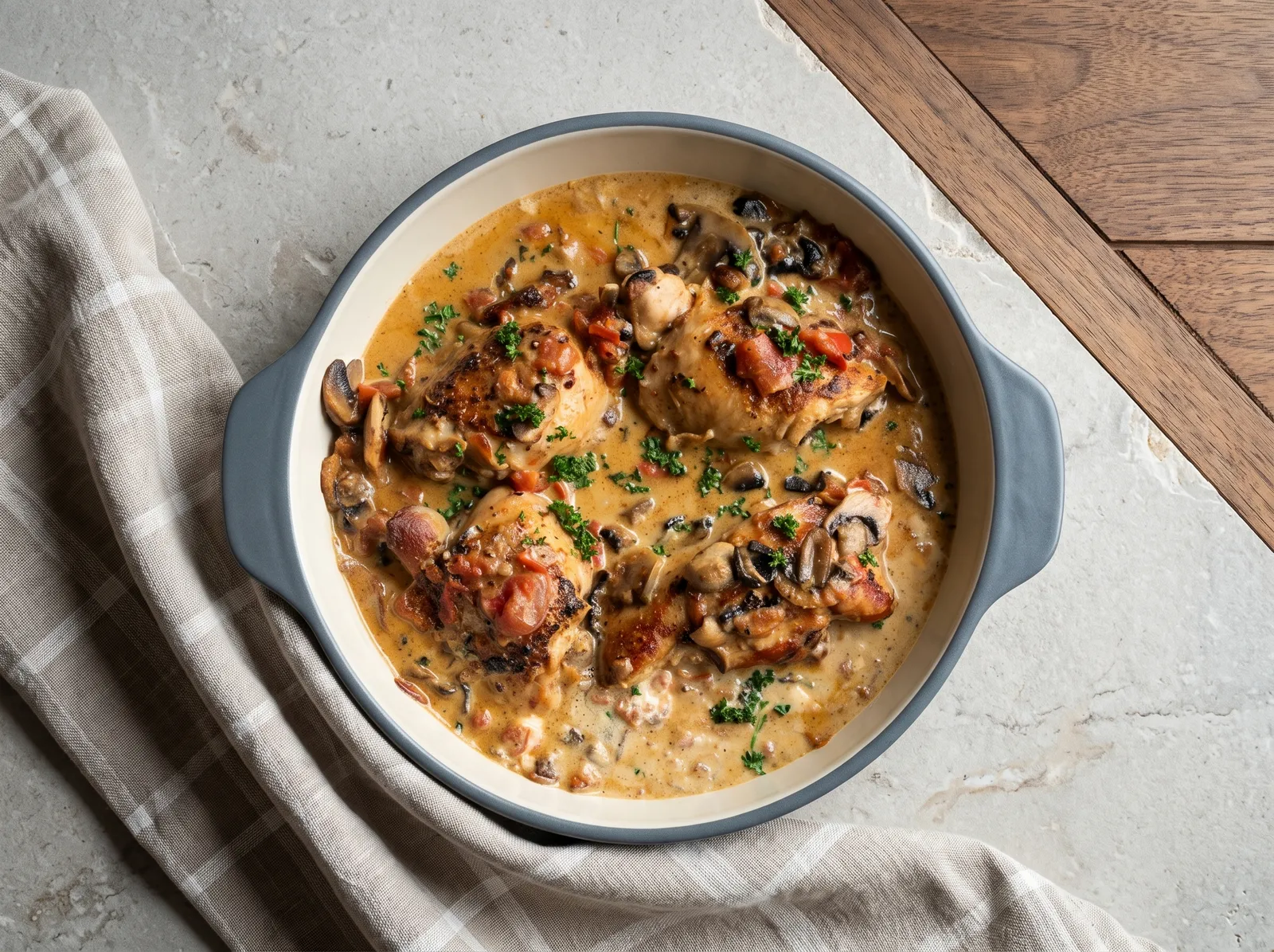 Poulet Célestine — in einer Pfanne gezeigt