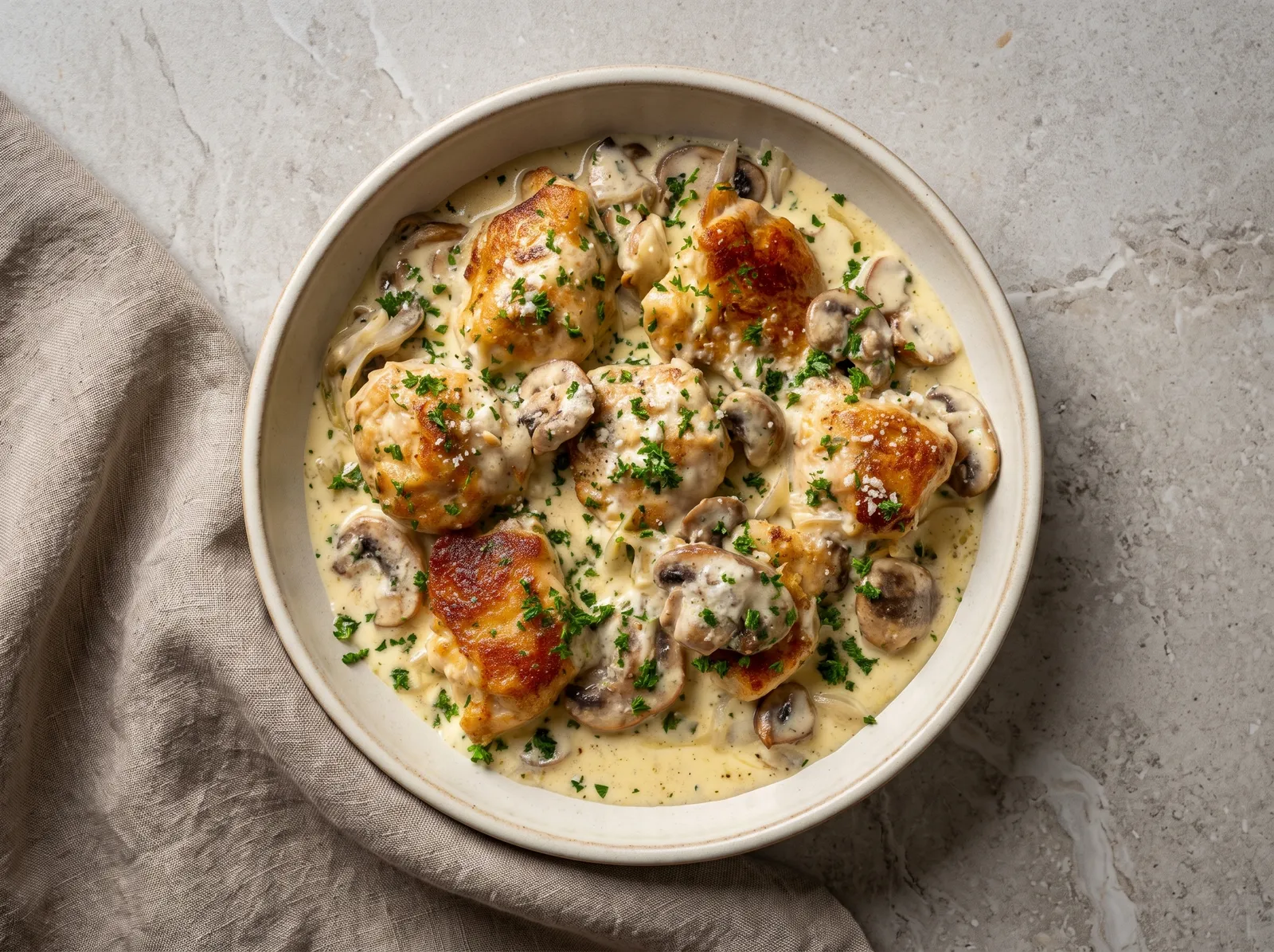 Poulet de Loué à la crème — in einer Schüssel angerichtet