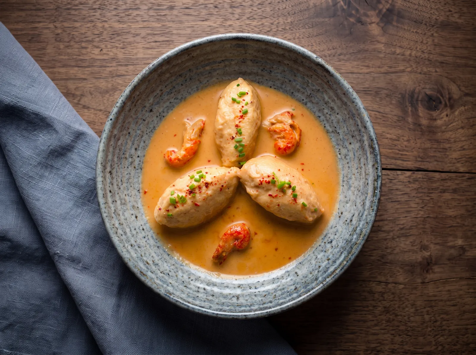 Quenelles de brochet sauce Nantua — auf einem Teller angerichtet