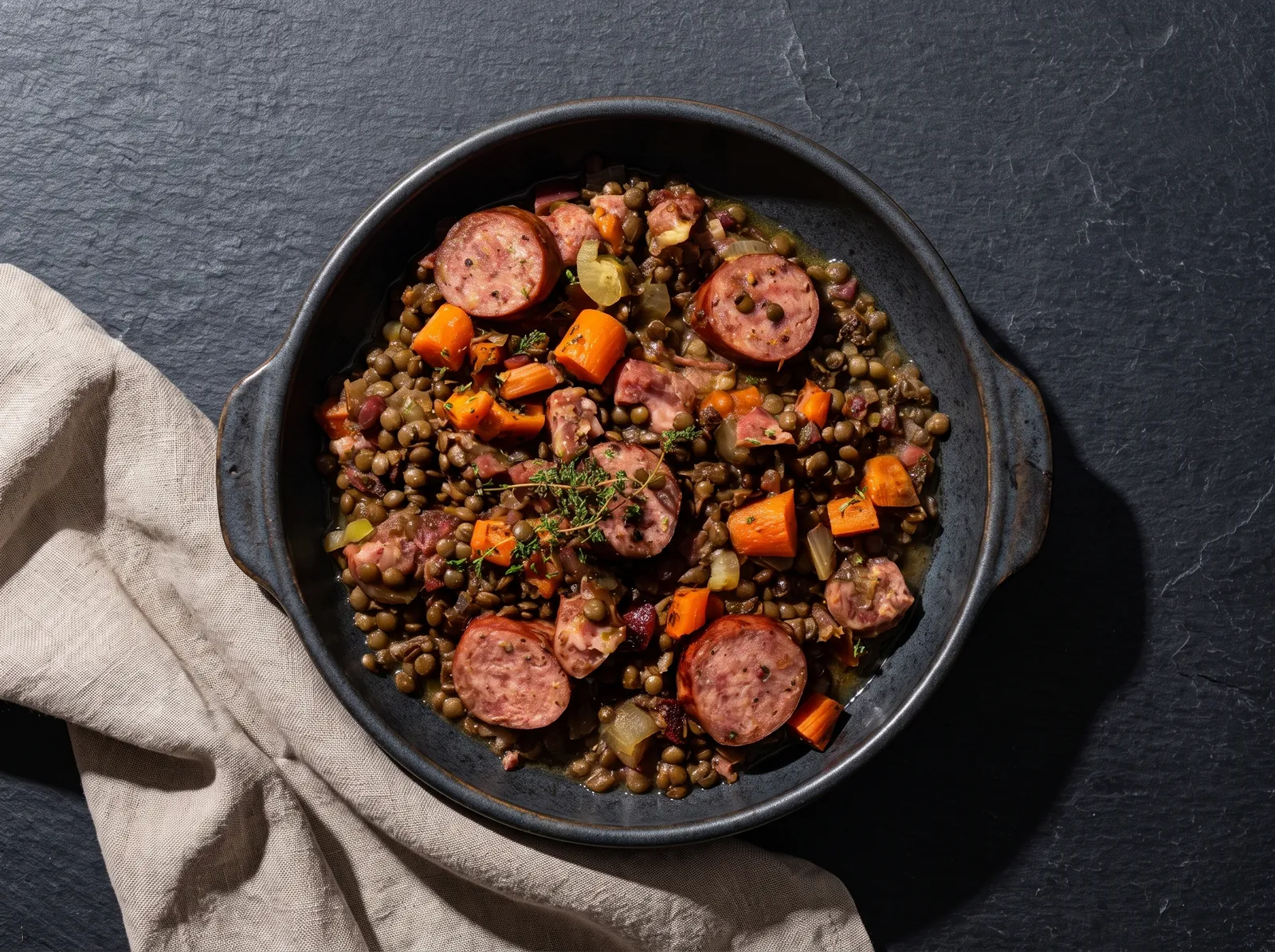 Saucisse de Morteau aux lentilles — in einer Schüssel angerichtet