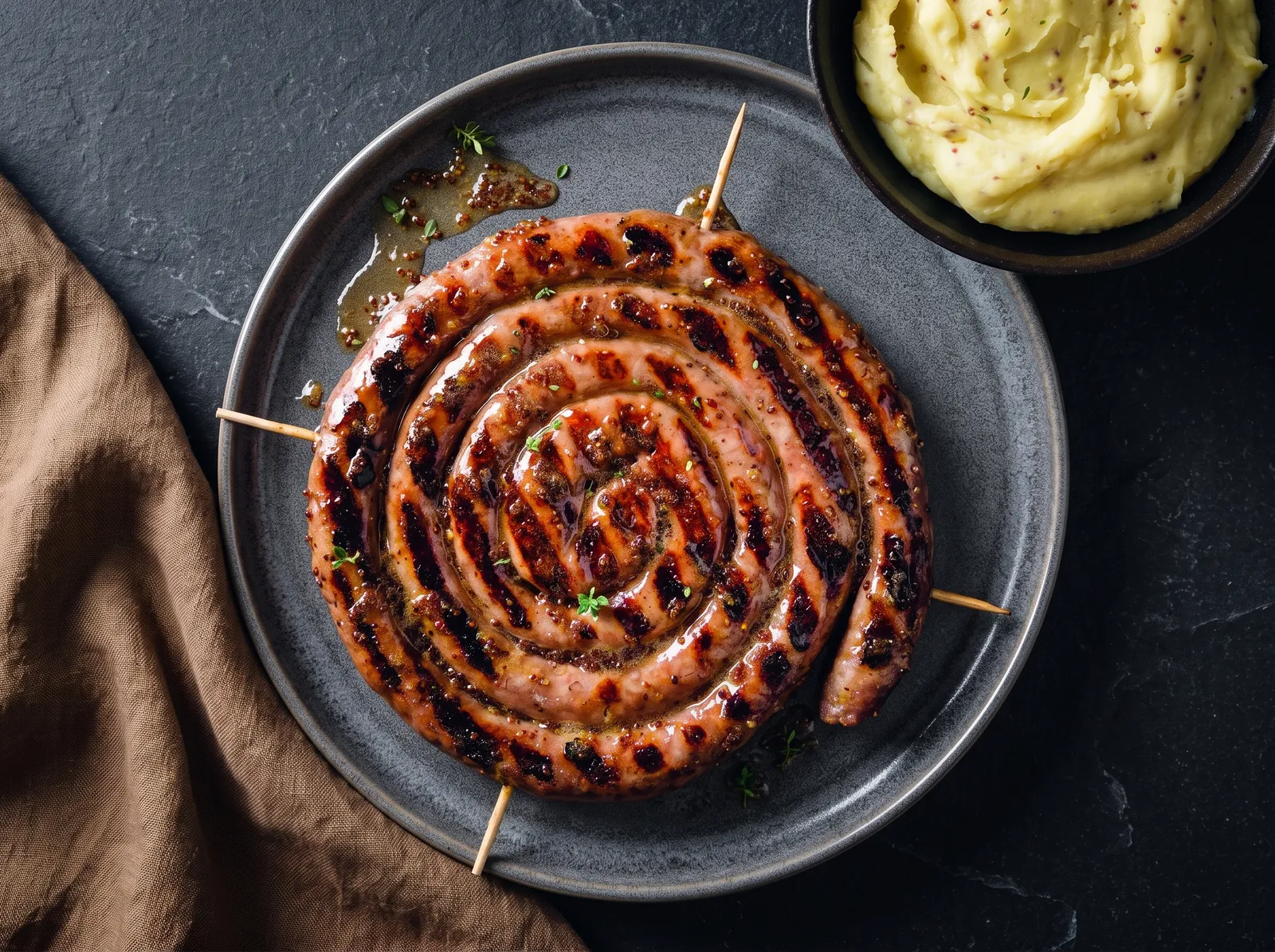 Saucisse de Toulouse grillée — auf einem Brett angerichtet