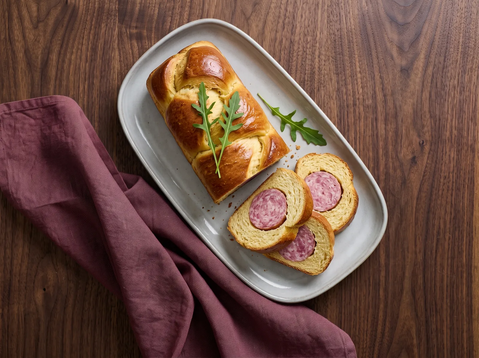 Saucisson brioché — mit sichtbarem Anschnitt gezeigt