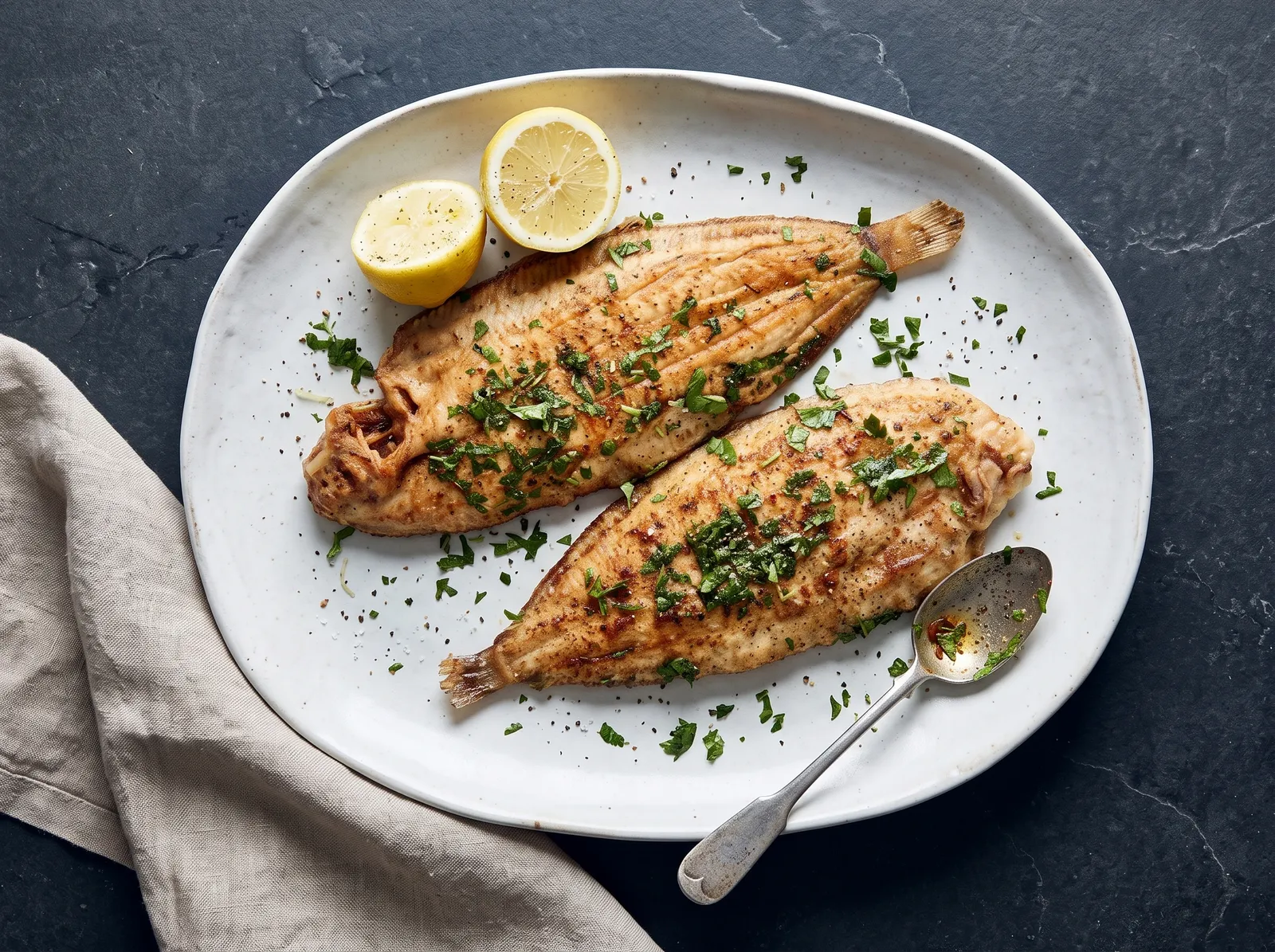 Sole meunière — auf einem Brett angerichtet