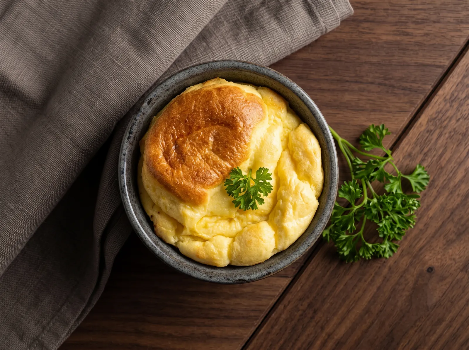 Soufflé au fromage — in einer kleinen Keramikform gezeigt
