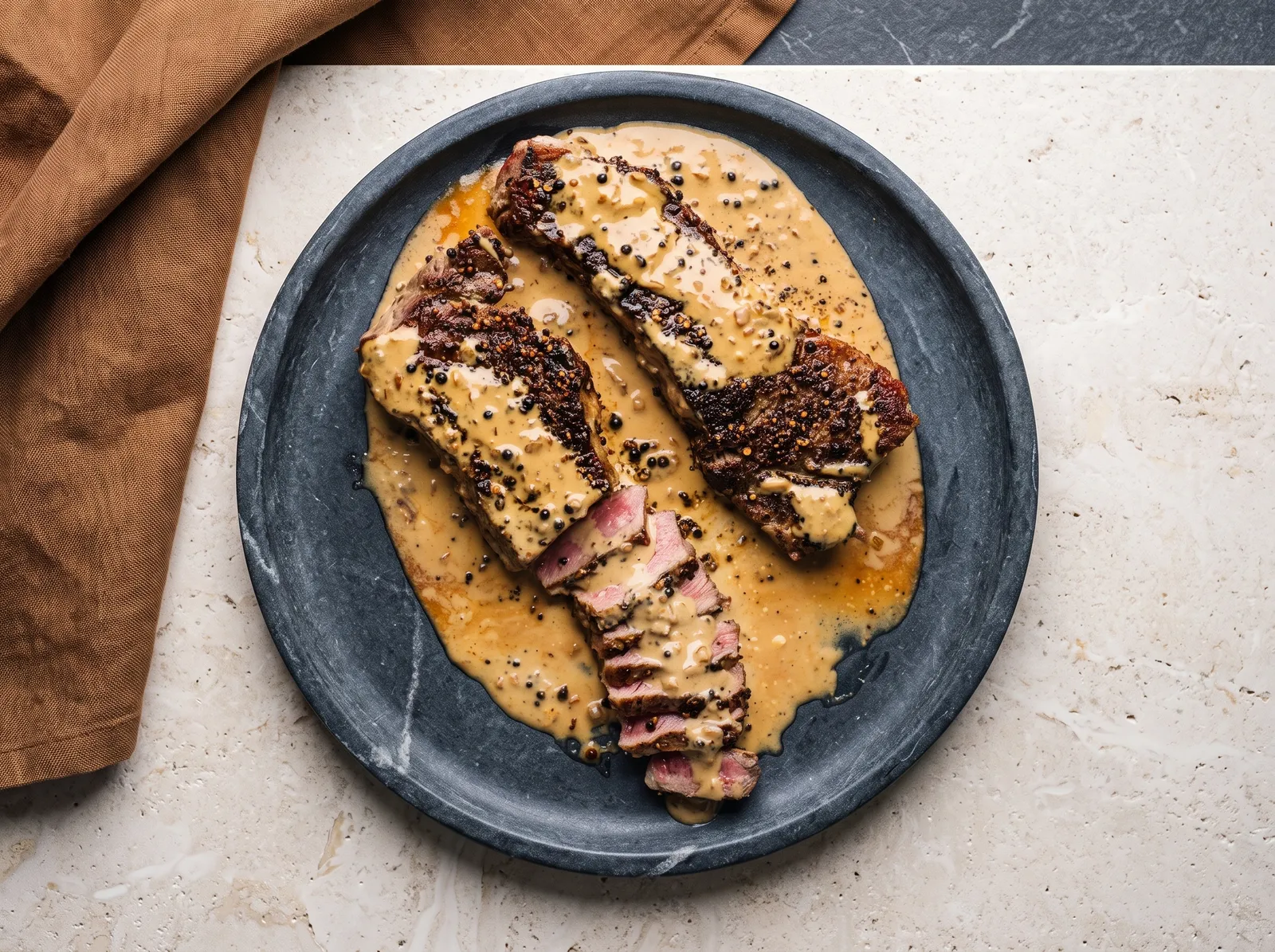 Steak au poivre — auf einer Servierplatte angerichtet