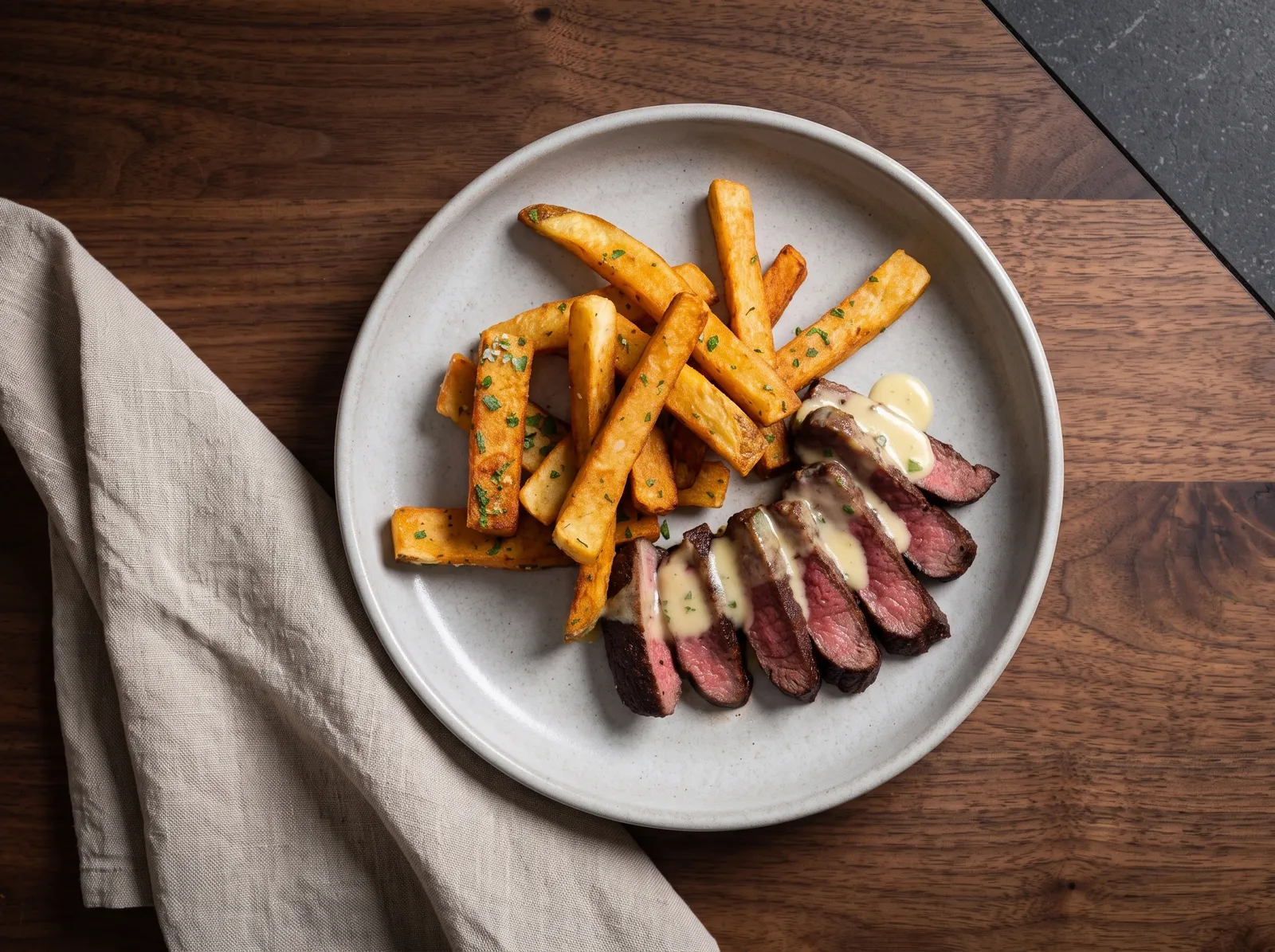 Steak-frites — auf einem Teller angerichtet