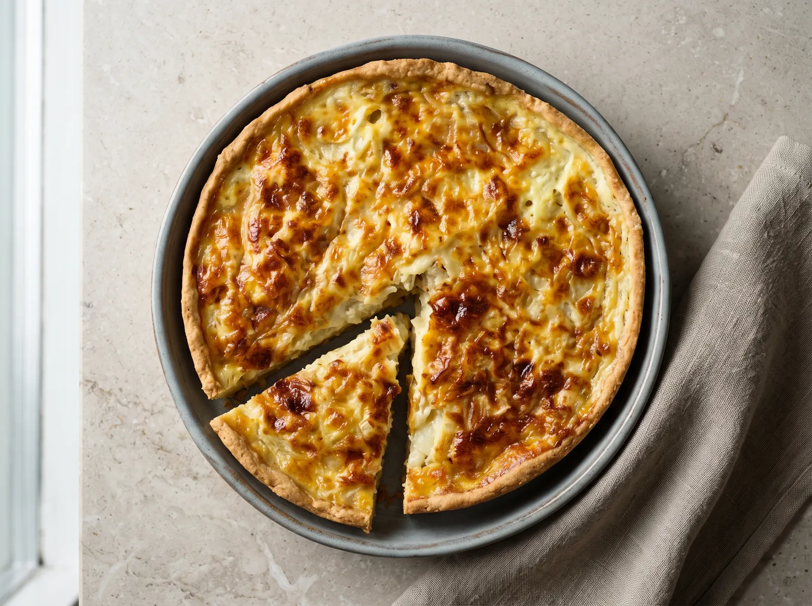Tarte à l’oignon alsacienne — mit sichtbarem Anschnitt gezeigt