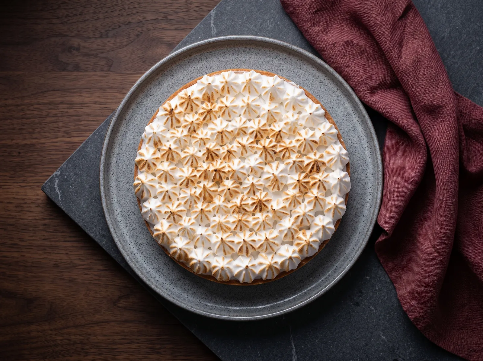 Tarte au citron meringuée — auf einer Kuchenplatte mit Fuß präsentiert
