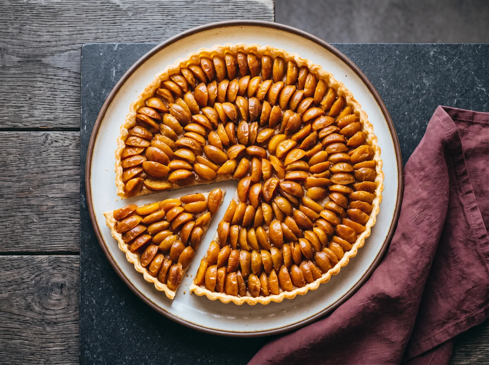 Tarte aux mirabelles — im Ganzen nach dem Backen gezeigt