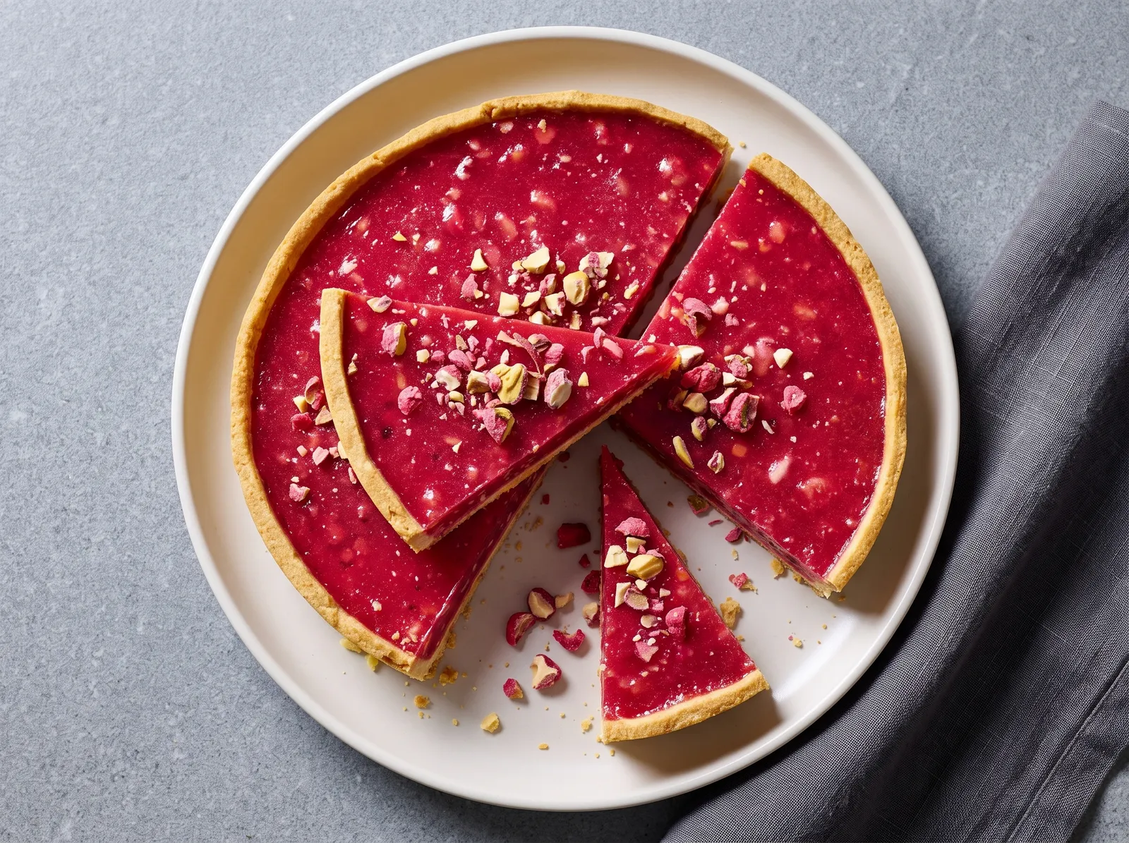 Tarte aux pralines roses — mit sichtbarem Anschnitt gezeigt