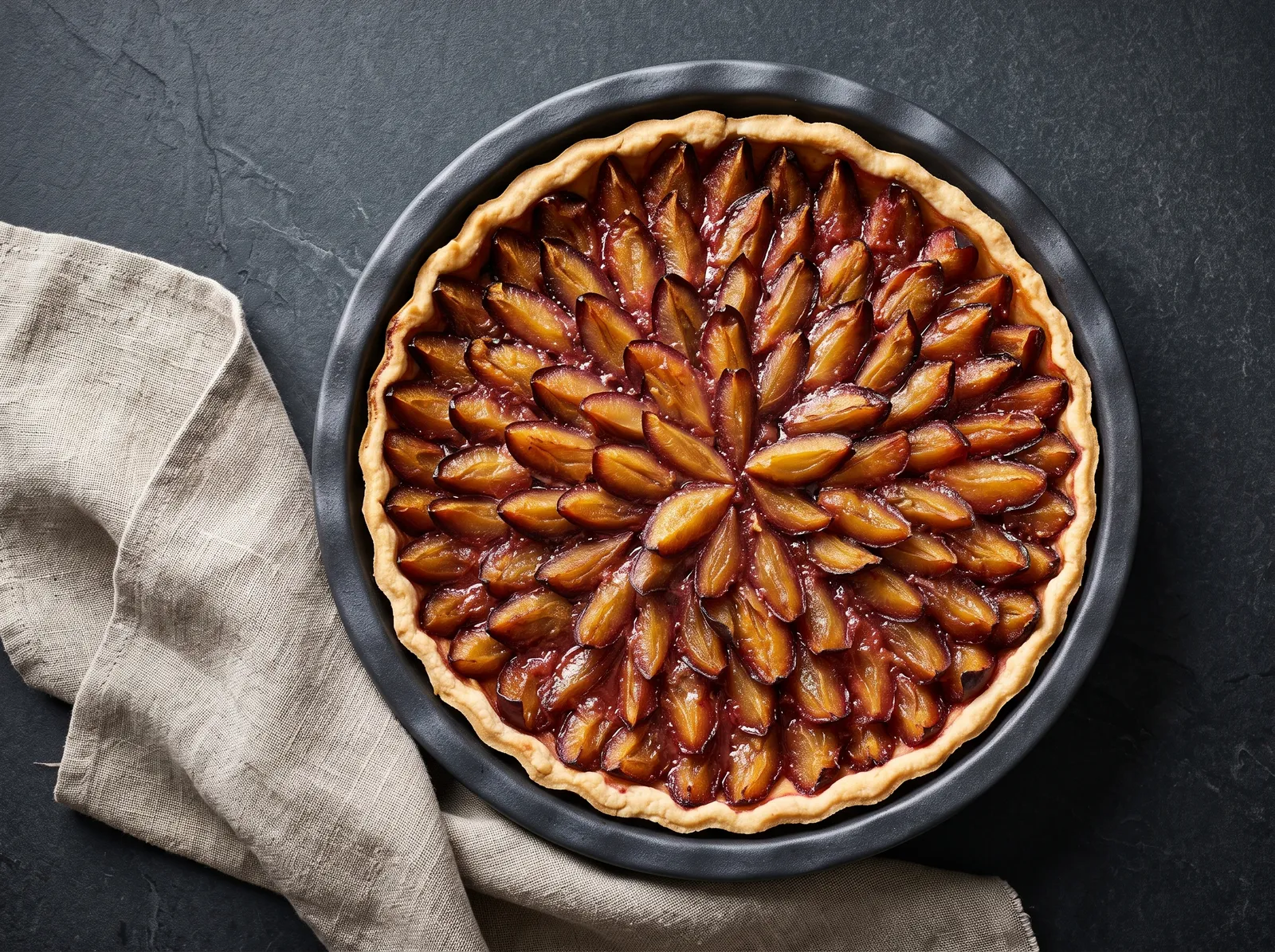 Tarte aux quetsches — im Ganzen nach dem Backen gezeigt