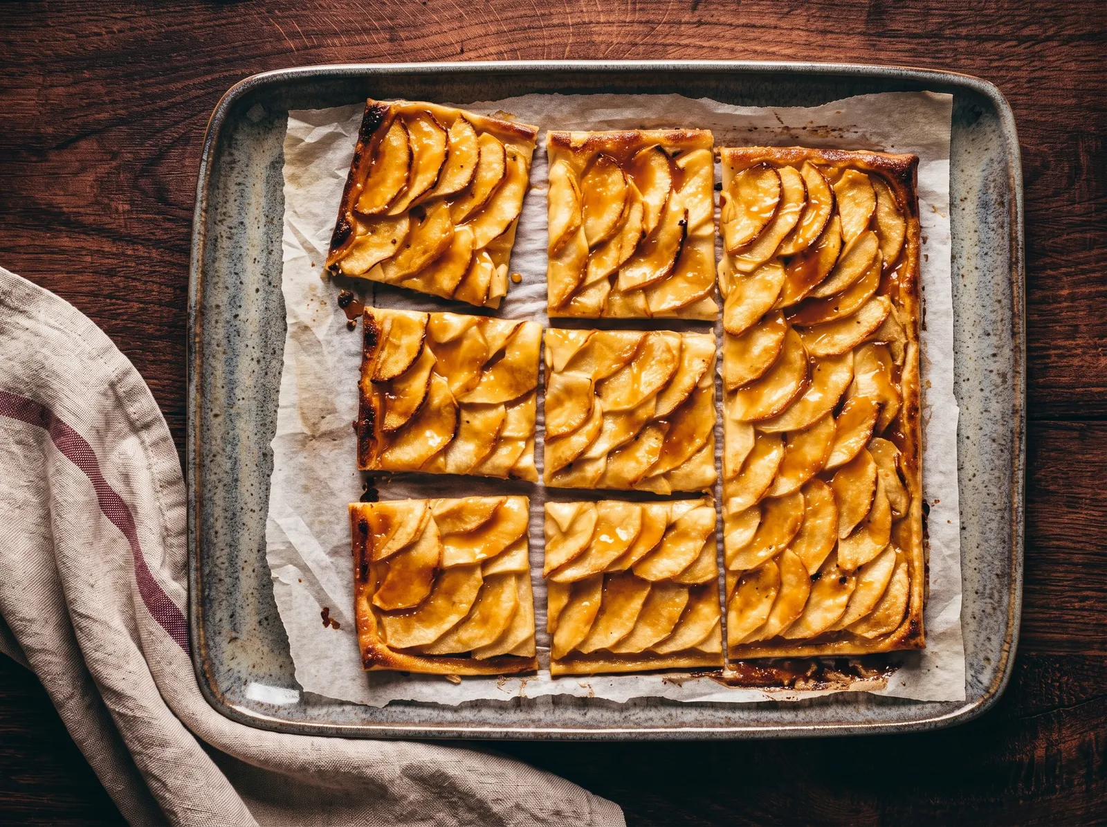 Tarte fine aux pommes normande — mit sichtbarem Anschnitt gezeigt