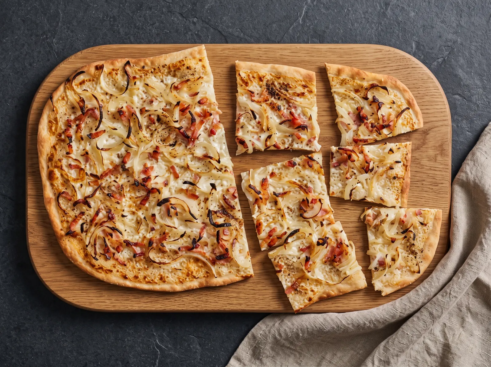 Tarte flambée — mit sichtbarem Anschnitt gezeigt