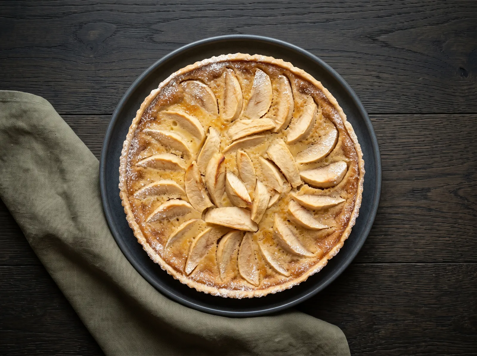 Tarte normande aux pommes — mit sichtbarem Anschnitt gezeigt