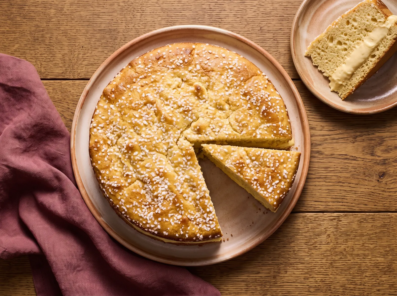 Tarte tropézienne — mit sichtbarem Anschnitt gezeigt